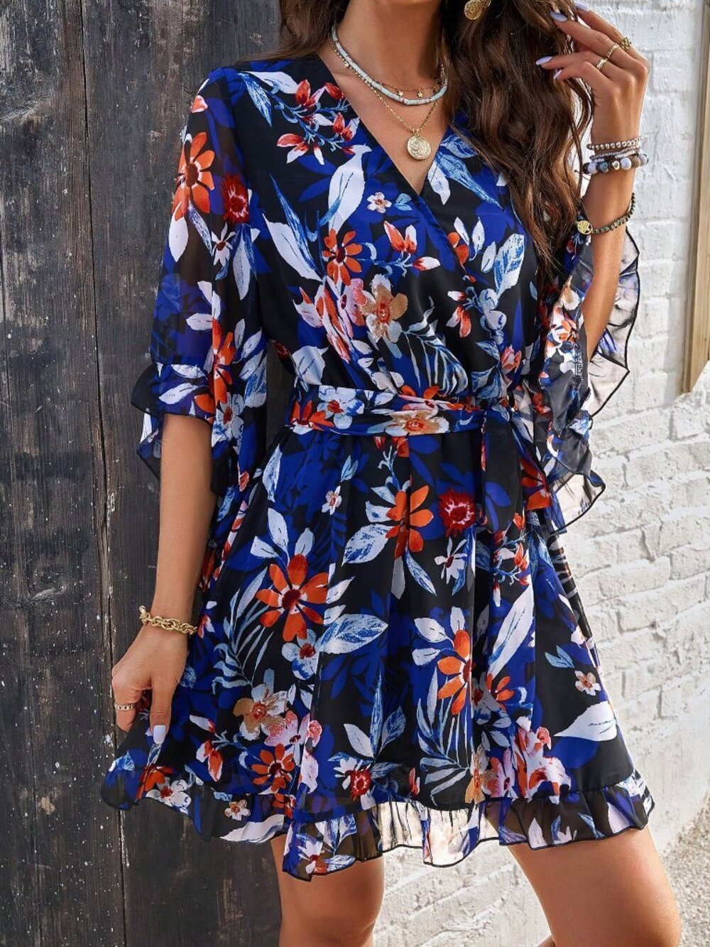 Black Boho Women's Printed Mini Dress with Flare Sleeves and Belt - Picture 6 of 6